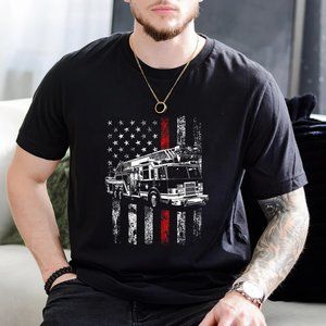 Fireman American Flag Thin Red Line Fire Truck Gift Unisex T-shirt. T-shirt